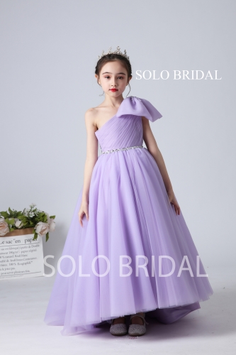 purple tulle one shoulder bow flower girl dress sweep train slt006